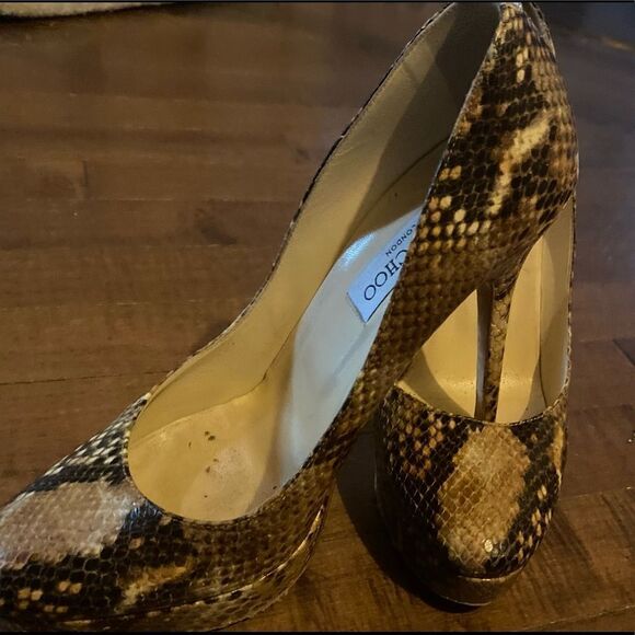 Jimmy Choo Two Tone Embossed Python Leather Platform Pumps - Picture 8 of 12